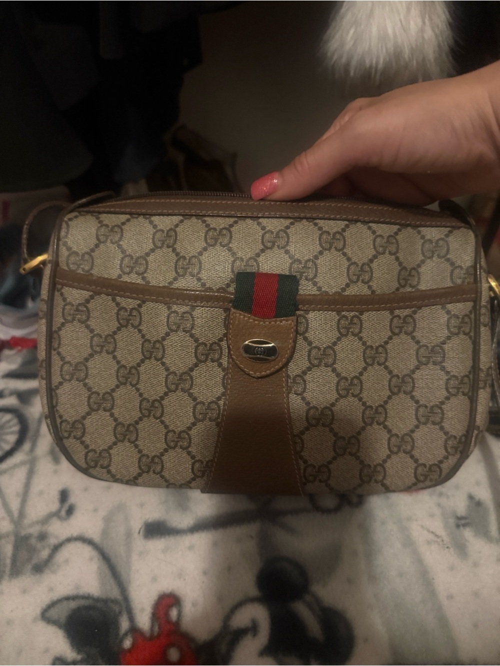 Gucci Beige GG Supreme Canvas Crossbody with Brown Leather & Web Stripe